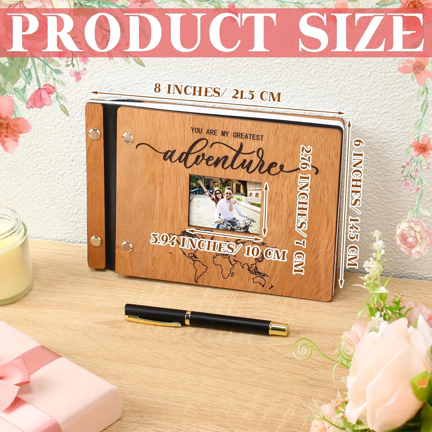 Adventure Wooden Guest Book with Pen 8 x 6 Inches 120 Pages Memory Scrapbook Rustic Signature Party Sign in Xmas Gift for Couple Guests Book