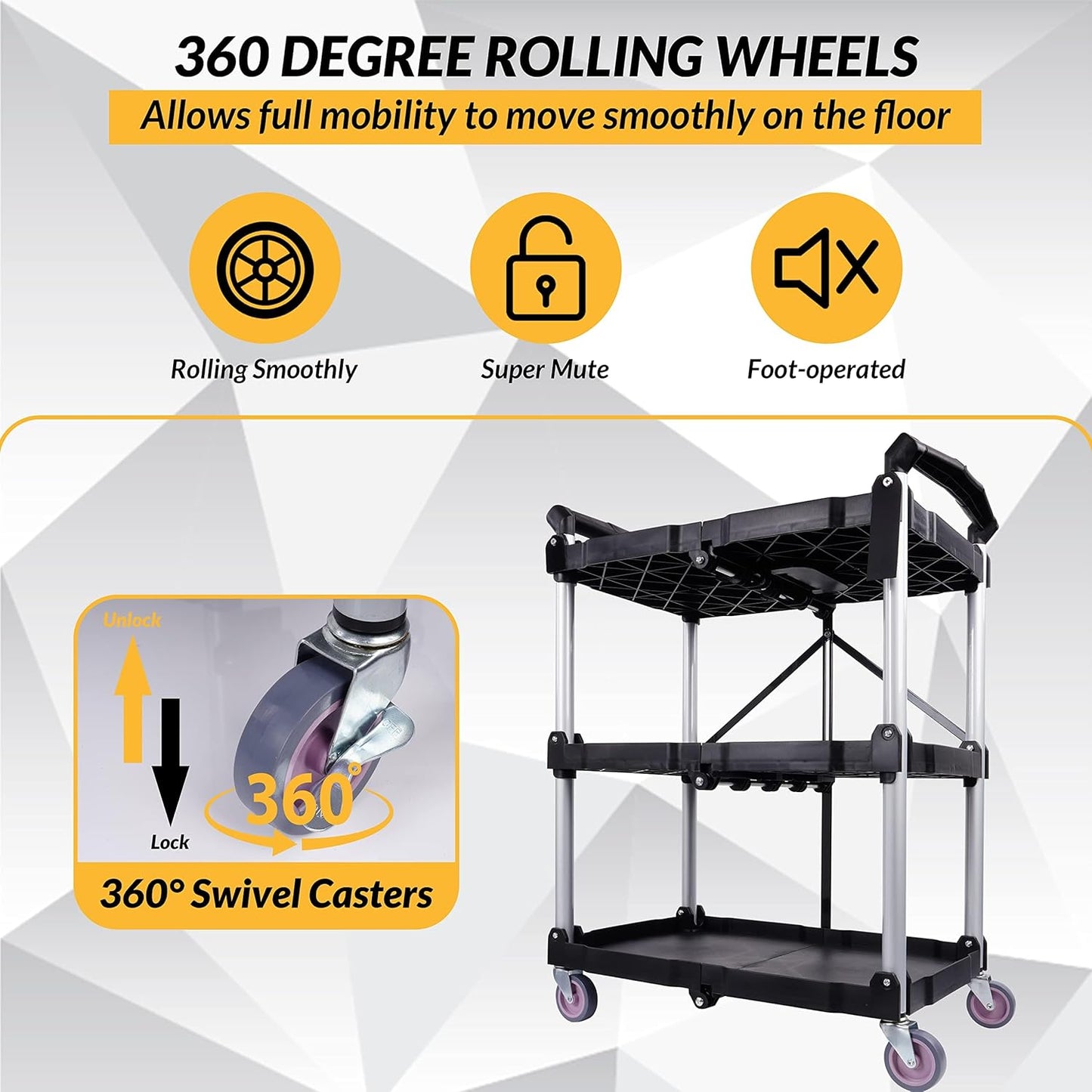 Folding Utility Cart, Portable Collapsible Service, 3 Shelf Heavy Duty Collapsible Tool with Wheels, Suitable for Office Warehouse Home, Black
