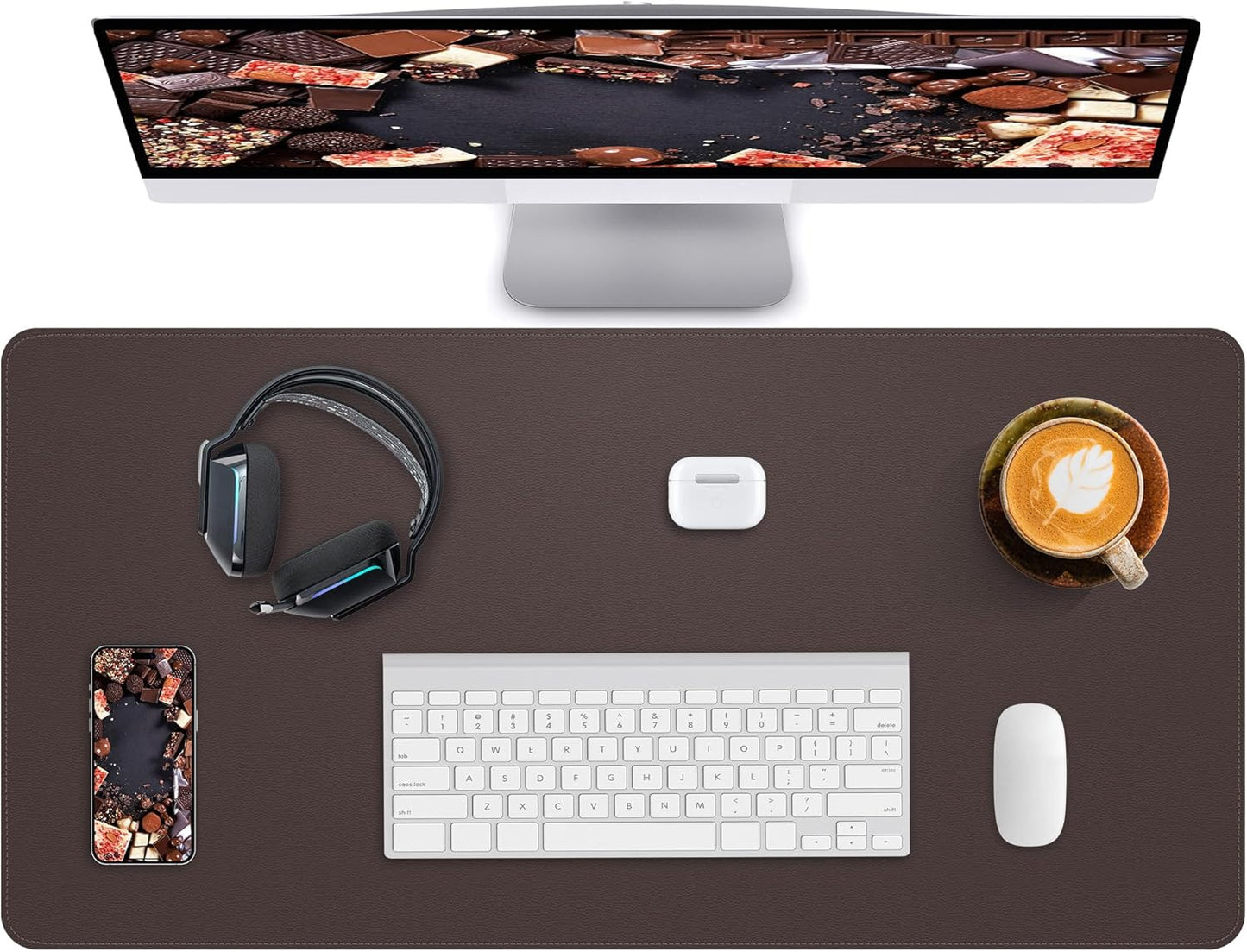 Desk Pad Mat 23.6"x13.7" - Waterproof Mouse Pad & Desk Protector, Non-Slip PU Leather for Gaming Keyboard/Mouse, Stitched Edge XL Office Desk Pad with Ergonomic Support(Chocolate)