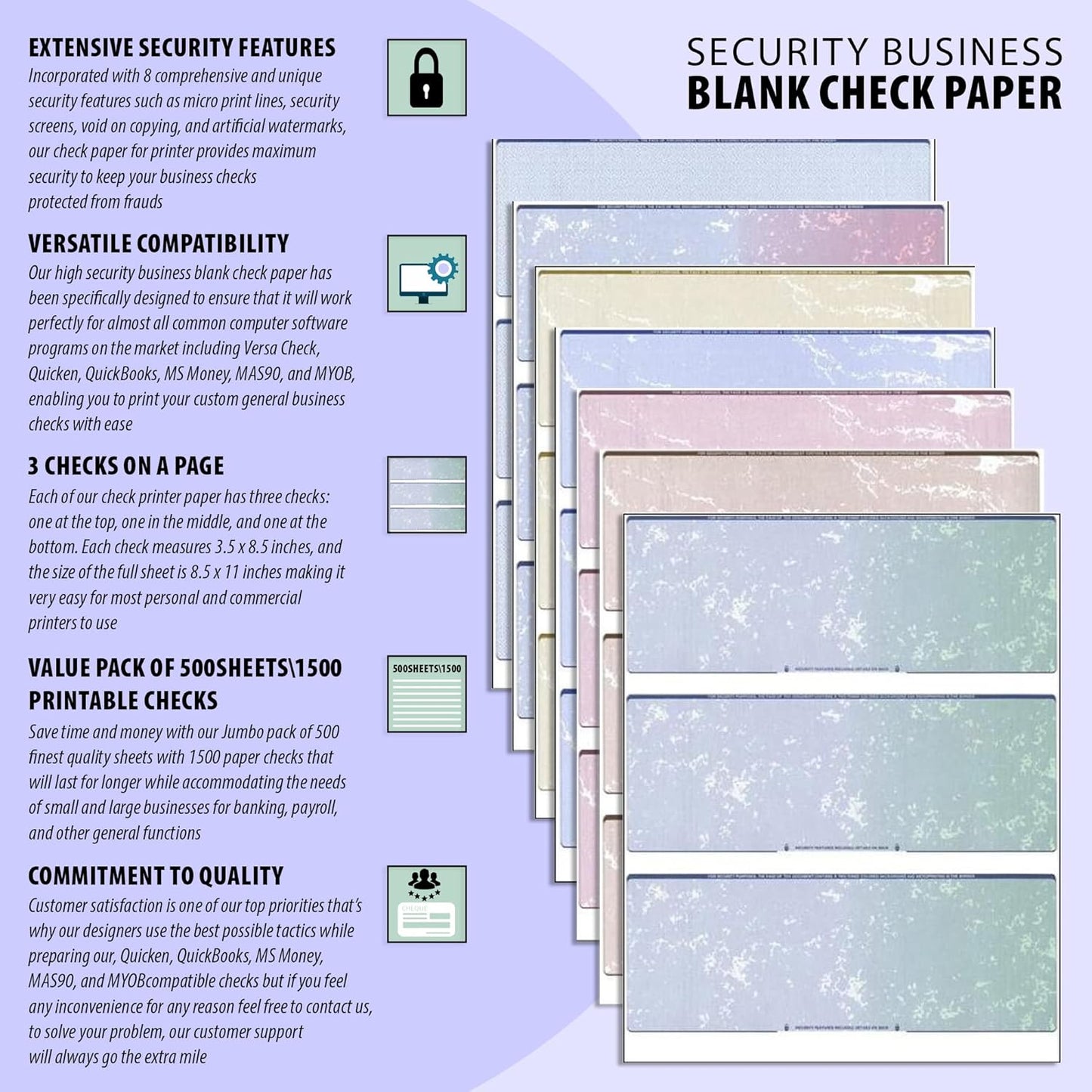 500 High Security Check Paper with 3 Blank Checks Per Page | Blank Check Stock for Personal and Business Use - Computer Laser Check | Payroll Checks - 500 Sheets/1500 Checks Blue Diamond