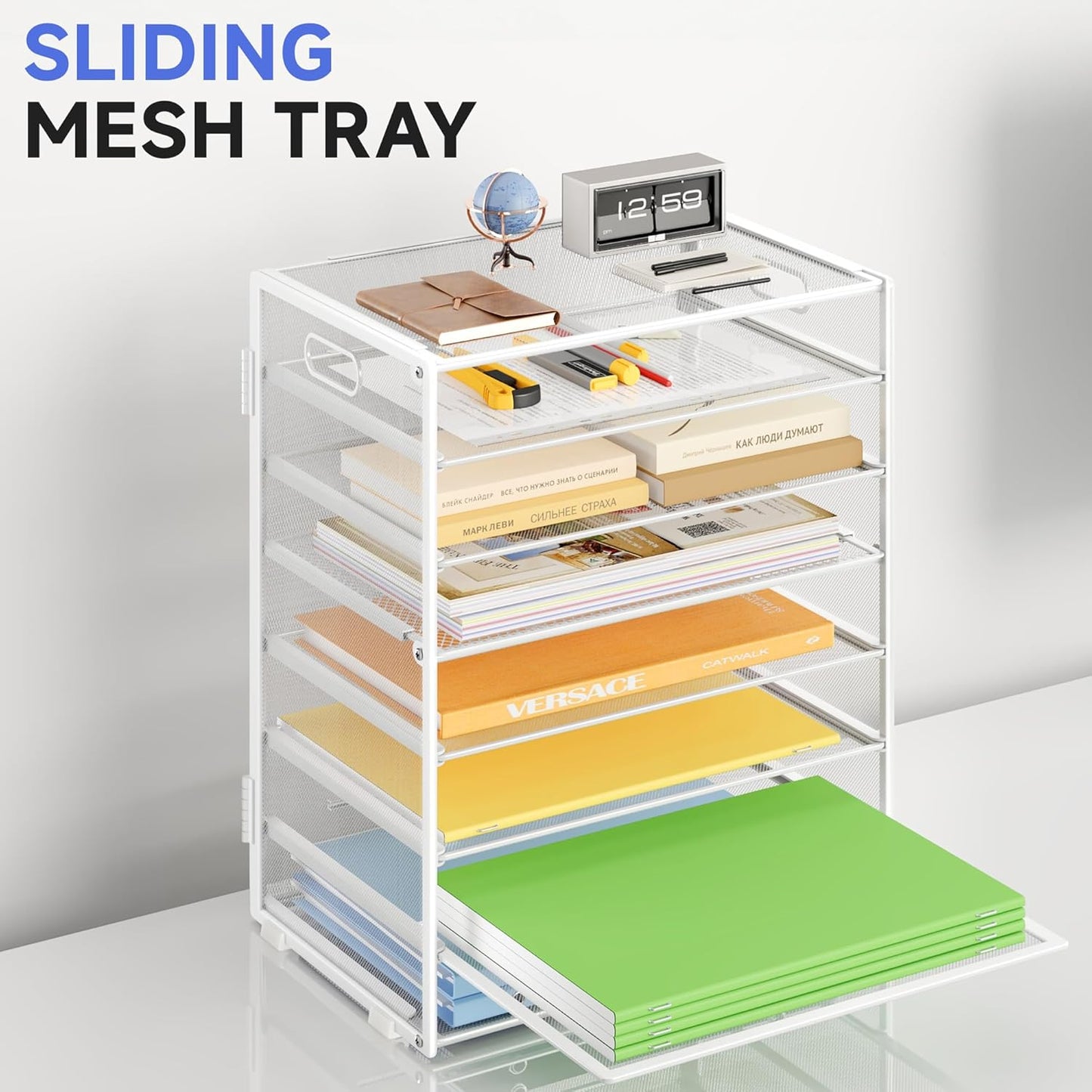2 Pack 8 Tier Paper Organizer with Handle, Metal Mesh Desk File Organizer, Large Capacity Desk Organizers Paper Letter Tray Desktop Document Sorter for Office, Home or School - White