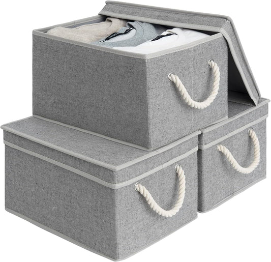 StorageWorks Large Storage Bins with Lids, Decorative Storage Boxes with Lid and Soft Rope Handles, Foldable Storage Baskets for Closet, Shelves, Stackable, Gray, 3-Pack