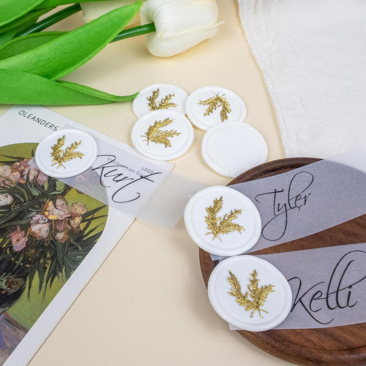 100Pcs Gold & White Wax Seal Stickers - Handmade Envelope Seals, Self Adhesive Wax Stickers for Wedding Party Invitations, Envelope, Gift Wrap, Christmas (Gold Rosemary Style, White)