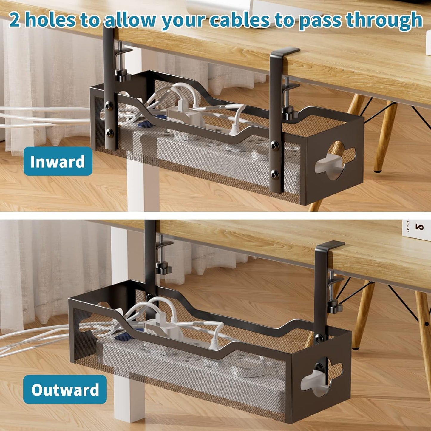 Under Desk Cable Management Tray 2 Pack, Cable Management Under Desk No Drill, Desk Cable Organizer with Clamp Easy to Install for Standing Desk Cord Organizer, Desk Wire Management No Damage to Desk