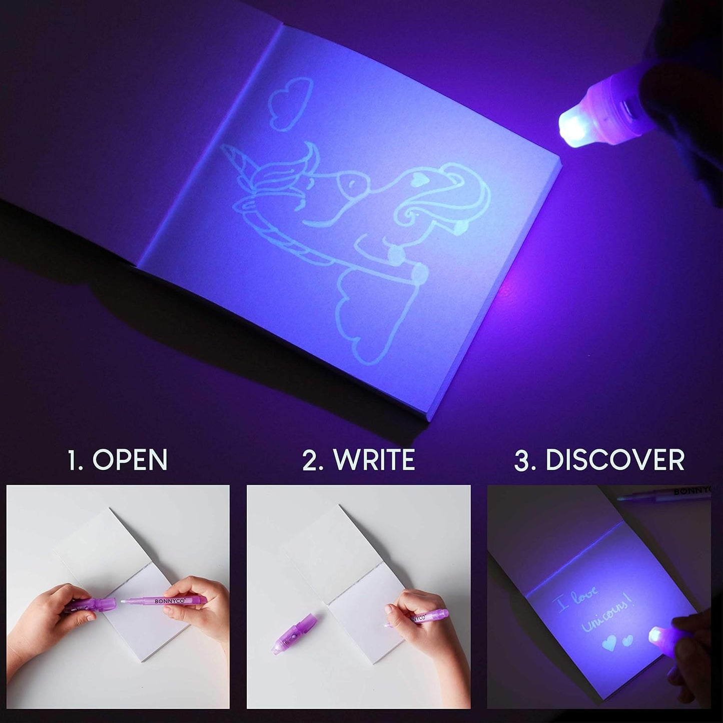 BONNYCO Invisible Ink Pen and Notebook Pack 32 Unicorn Party Favors for Kids, Magic Spy Pen Goodie Bags Stuffers for Kids, Unicorn Birthday Party Supplies, Goody Bag Stuffers | Return Gifts Prizes