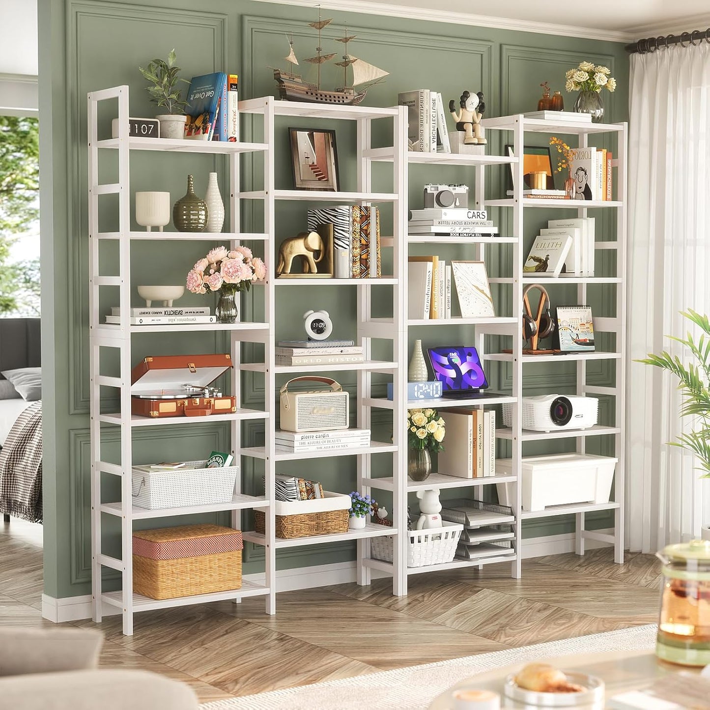 Homykic Double Wide Bamboo Bookshelf White, 6-Tier Large Open Bookcase with 12 Display Shelves, 6ft Tall Freestanding Book Shelf for Home Office, Bedroom, Living Room, Plants