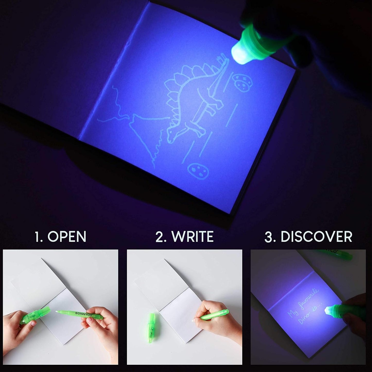 BONNYCO Invisible Ink Pen and Notebook Pack 32 Dinosaur Party Favors for Kids, Magic Spy Pen Goodie Bags Stuffers for Kids, Dinosaur Birthday Party Supplies, Goody Bag Stuffers Return Gifts Prizes