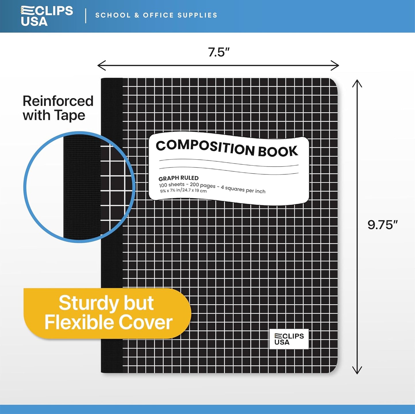 E-CLIPS USA Composition Notebooks, Quad Ruled, Graph Paper Composition Notebook, Hard Cover Marble Graph Composition Notebook, 100 sheets, 9.75″ x 7.50″ (4 Pack)