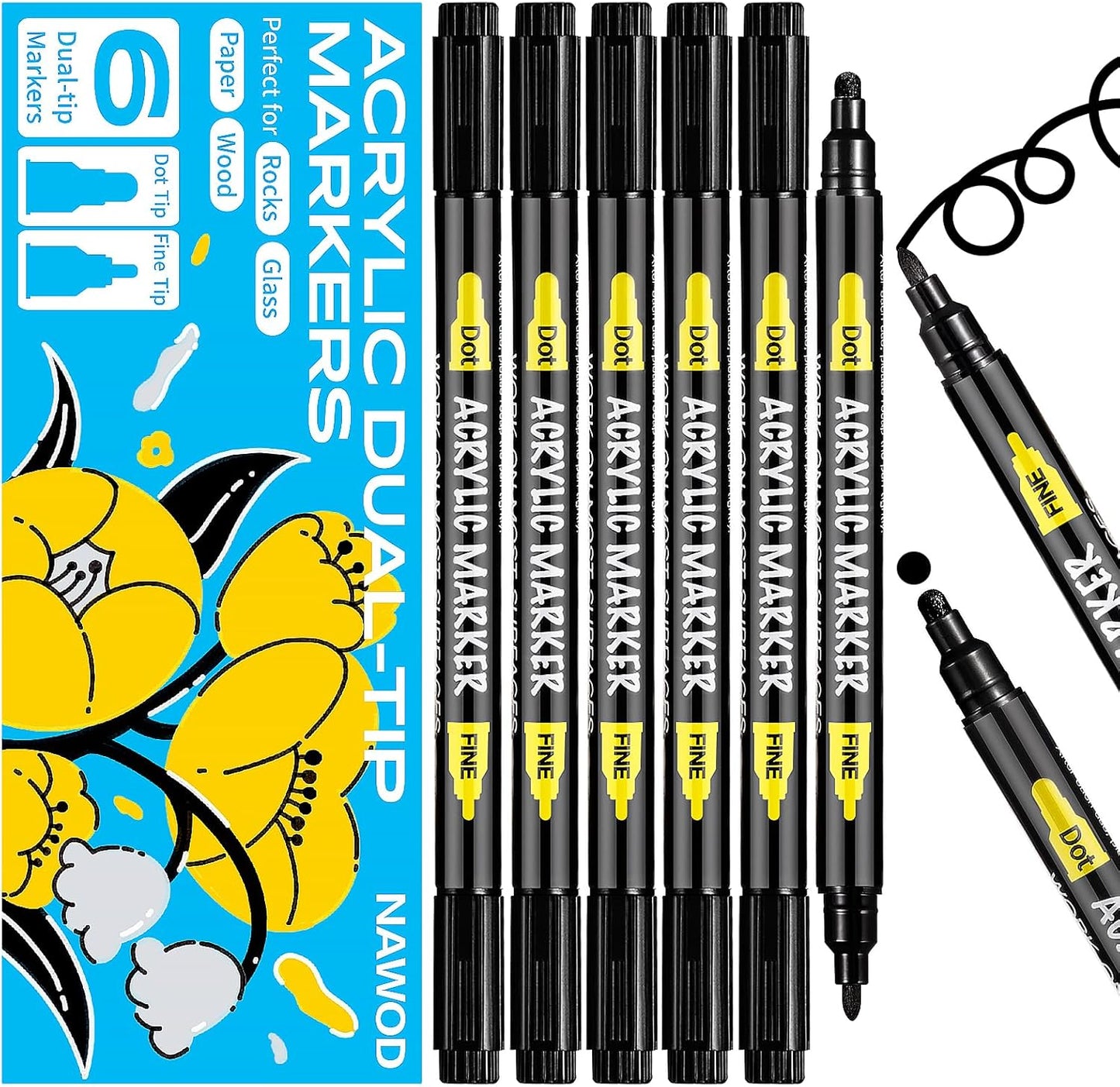 NAWOD 6 Black Acrylic Paint Pens, Acrylic Paint Markers Dual Tip (Fine 1mm + Dot 5mm), Acrylic Permanent Markers for Rock, Fabric, Canvas, Ceramic, Glass, Wood, Paper, Labeling, Drawing, DIY Crafts