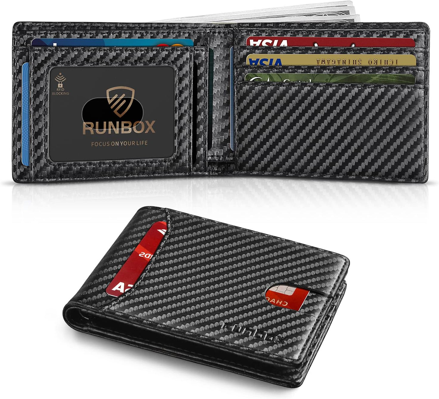 RUNBOX Novelty Wallet for Men Slim 11 Credit Card Holder Slots Leather RFID Blocking Small Thin Men's Wallet Bifold Minimalist Front Pocket Large Capacity Gift Box