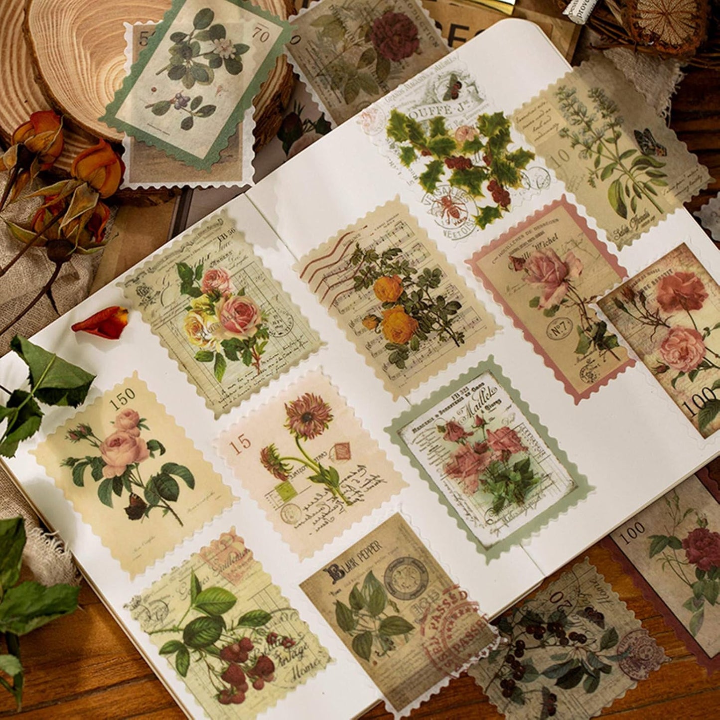 240pcs Vintage Postage Stamp Stickers, Aesthetic Botanical Deco Paper Sticker for Scrapbooking, Journaling Supplies, Planners, Kid DIY Art Crafts, Bullet Journal