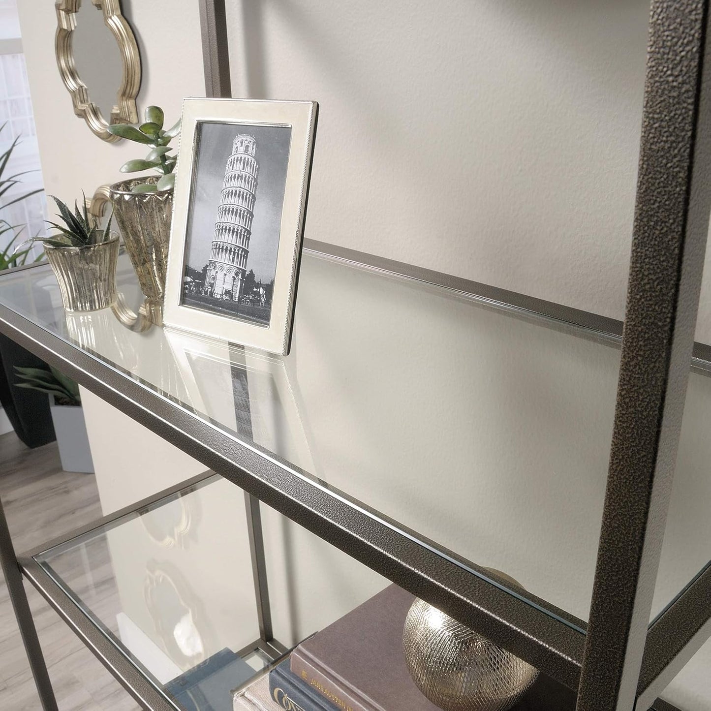 Sauder International Lux Book Shelf 5 Tier Modern Metal Multipurpose Bookcase with Glass Shelving, in a Bronze Finish