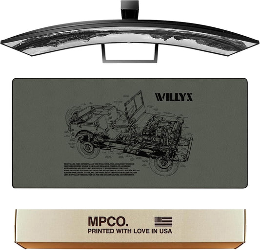 MPCO. Blueprints Large Gaming Desk Pad - 36" x 17" Duraglyde Fabric Willys Jeep – Green Desk Mats - Non-Slip, Washable, Smooth Glide for Precision Gaming & Work