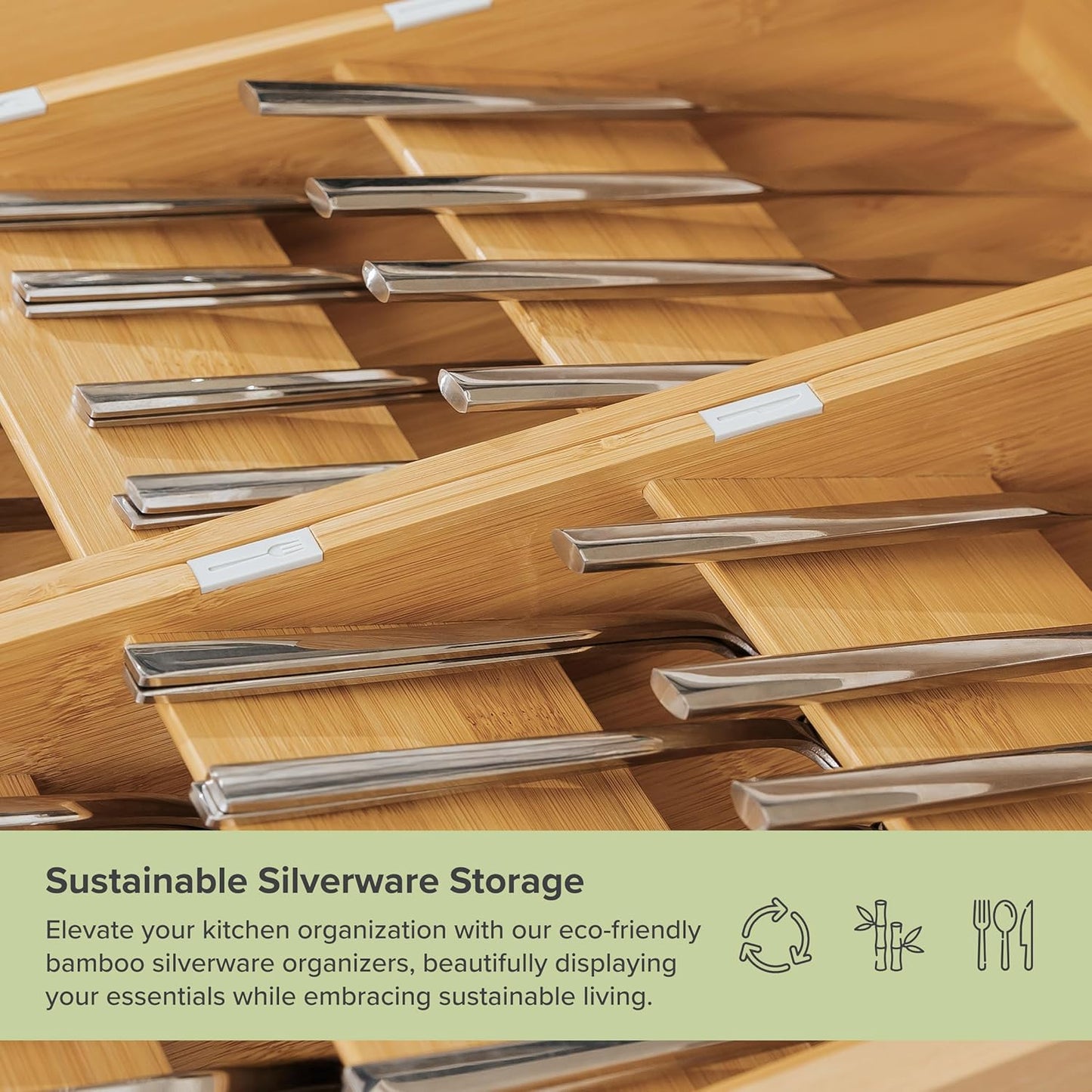Premium Cutlery, Flatware, and Silverware Drawer Organizer – Slanted 3-Compartment Design with Labeled Slots, Non-Slip Feet, 100% Sustainable Bamboo, 2 Pack