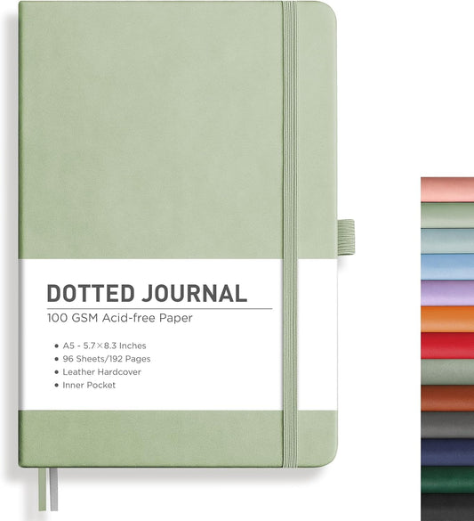 RETTACY Bullet Dotted Journal Notebook, 192 Pages, A5 Medium Size (5.7'' x 8.3''), Leather Hardcover, 100 GSM Thick Paper, for Bullet Journaling, Planning, Tracking (Light Green)