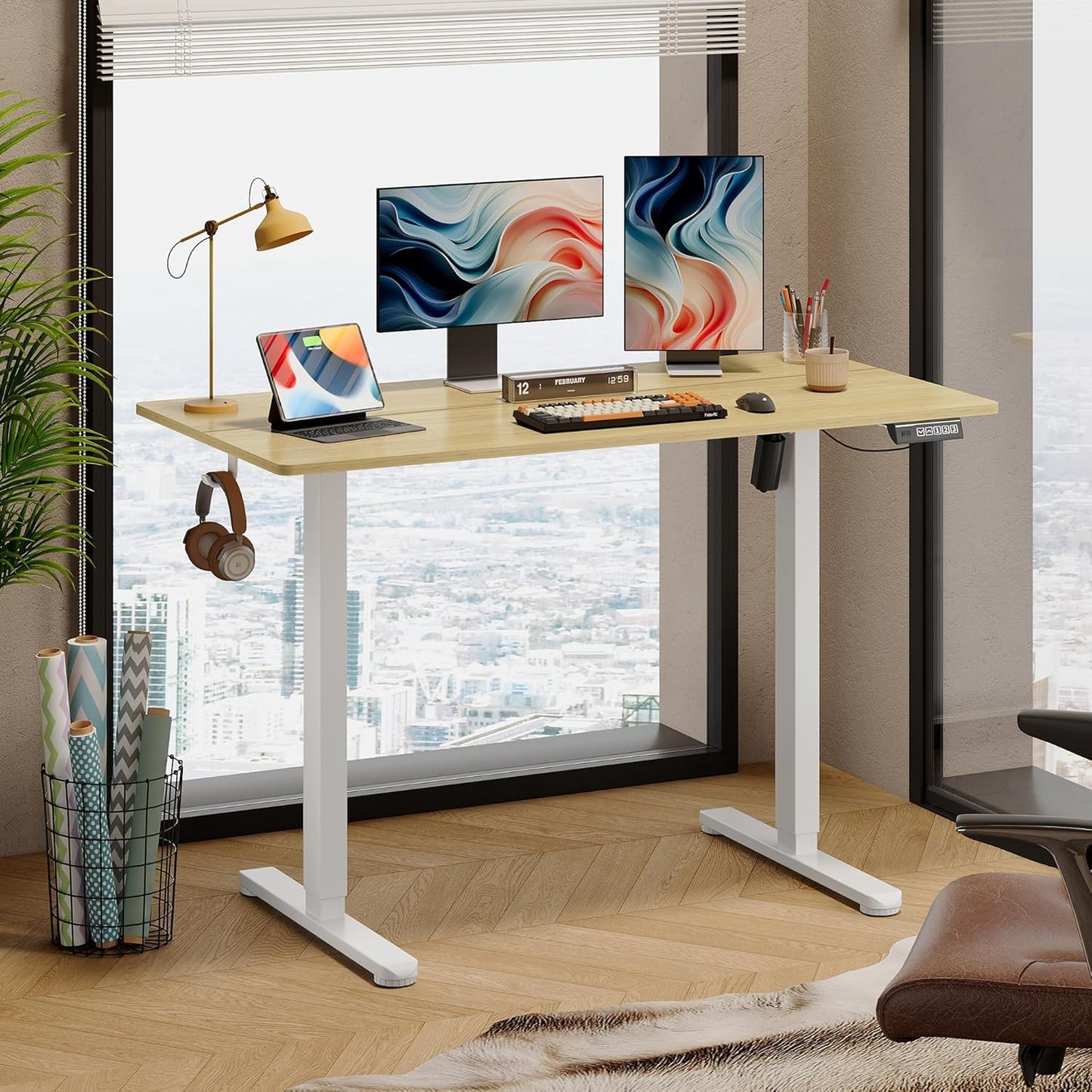 DEVAISE 48 Inch Electric Standing Desk, 3 Adjustable Height Stand up Desk for Home Office, Ergonomic Sit to Stand Desk with LED Touchscreen, Headphone Hook, 3 Memory Preset Computer Desk (Maple)