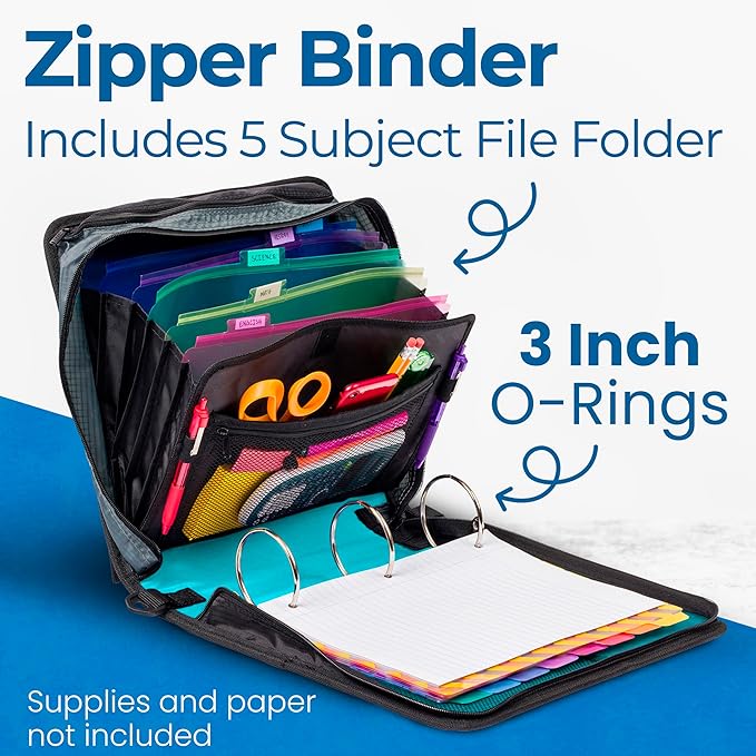 Case-it Mighty Zip Tab School Zipper Binder | 3-Inch O-Rings, 600-Sheet Capacity - Image 2