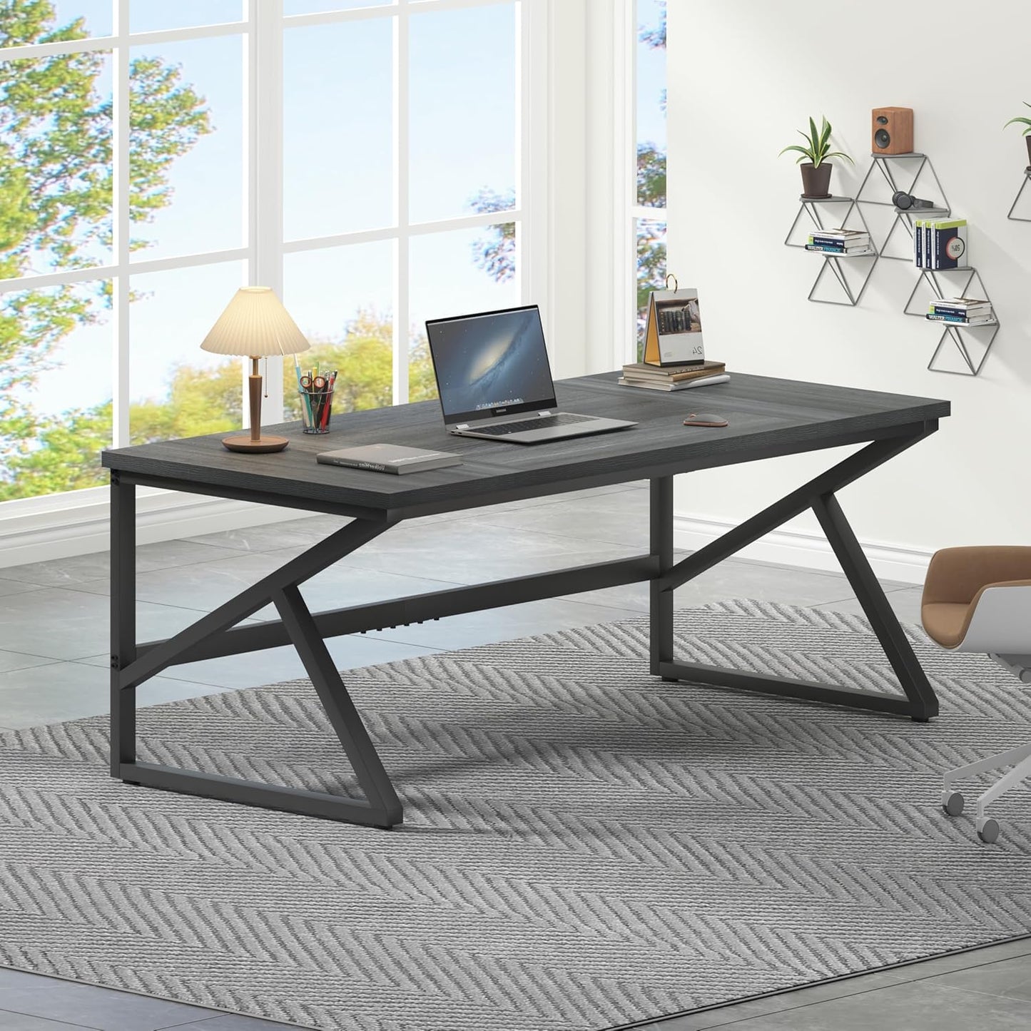 HSH Extra Long Computer Desk, Industrial Metal Wood Home Office Desk, Large PC Laptop Table for 2 Person Executive Writing Work Study Gaming, Bedroom Living Room Dual Monitor Desk, Dark Gray, 70 Inch