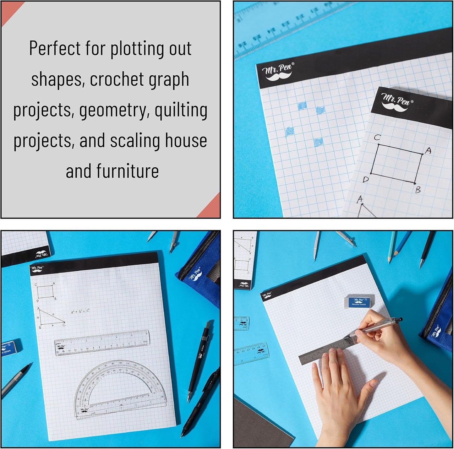 Mr. Pen- Graph Paper pads 8.5 x 11 Inches, 2 Pack, 55 Sheets/Pack, 5x5 (5 Squares Per Inch), Blueprint Grid Paper Pads 8.5 x 11, Math Notebook