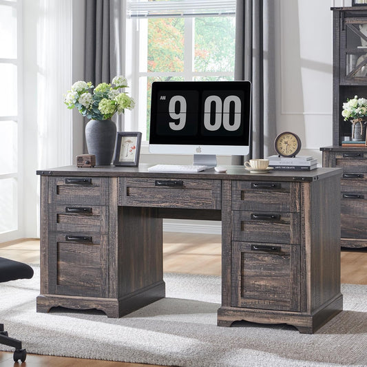 RedLemon 60" Executive Desk, Farmhouse Home Office Desk with Drawers, Charging Station, Keyboard Tray, File Drawer, Storage Cabinet, Wood Rustic Computer Writing Desk (Dark Rustic Oak)