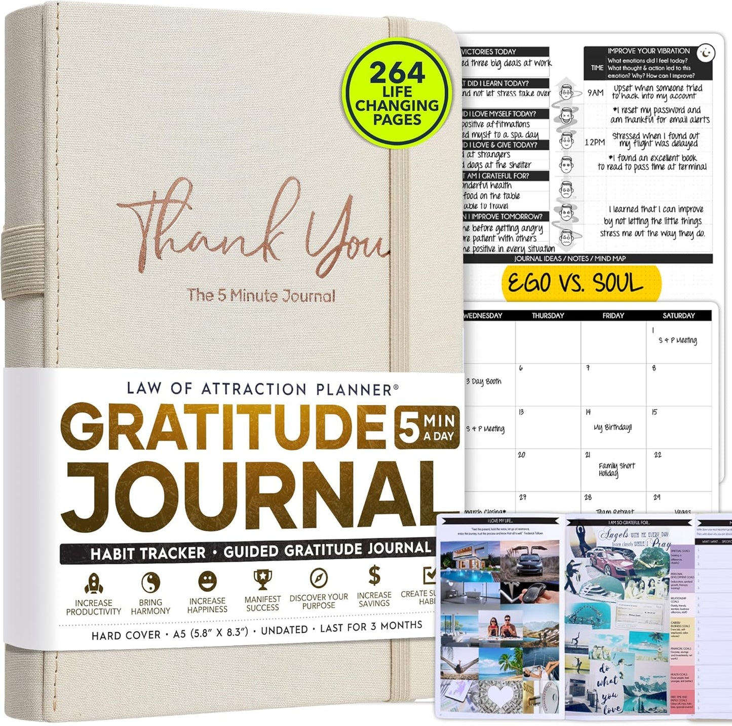 Gratitude Journal for Women & Men - 5 Minute Self Care Journal | 90-Day Undated Daily Planner for Positivity, Affirmations & Manifestation | Guided Mindfulness, Reflection | Vision Board + Stickers