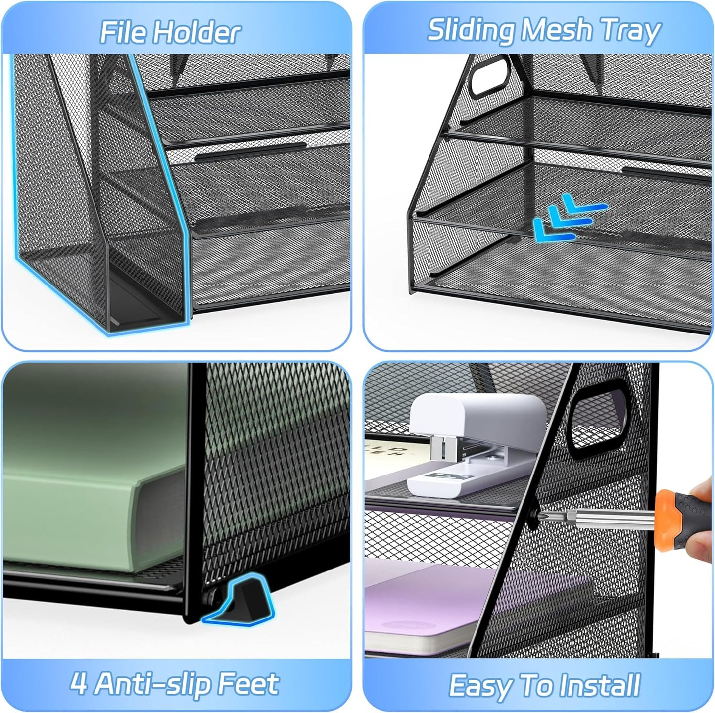 DocNest 3 Tier Paper Letter Tray, Metal Mesh Desk Organizer with Handle Builtin Pen Holder Space Saving Desktop File Storage for Office Supplies Black