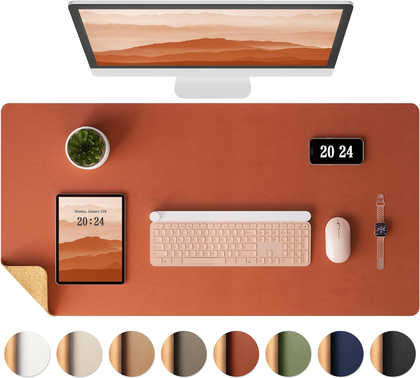 Aothia Dual-Sided Desk Pad - Leather Desk Mat, Natural Cork Desk Pad Protector, Large Mouse Pad for Desk, Waterproof Desk Blotter Pad, Desk Writing Pad for Office Work/Home, Maple Brown(35.4" x 15.7")
