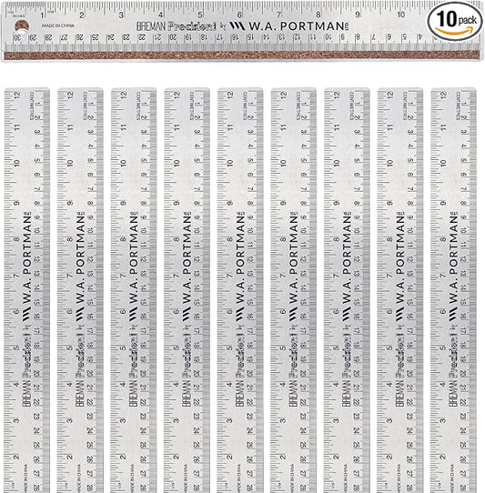 Breman Precision Metal Ruler 12 Inch Cork Back – 10 Pk Stainless Steel Straight by WAPortman