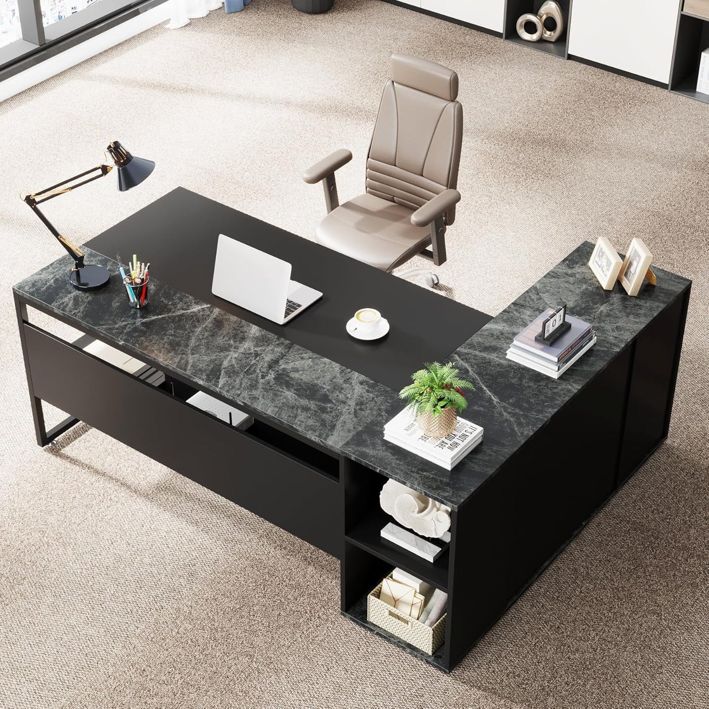 Tribesigns 71 inch Executive Desk, L Shaped Desk with Cabinet Storage, Executive Office Desk with Shelves, Business Furniture Set Workstation for Home Office, Black