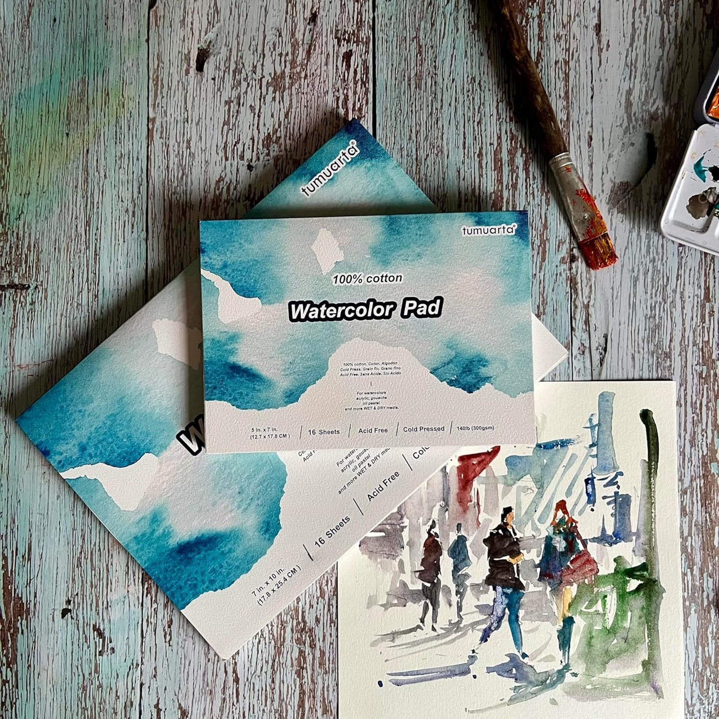 tumuarta Watercolor Paper Pad, 100% Cotton, 5x7, 140LB, 300 GSM, 16 Sheets, Acid Free, Cold Press, Watercolor Paper Mixed Media Sketch Books for Watercolors, Acrylic, Gouache, More Dry & Wet Media.