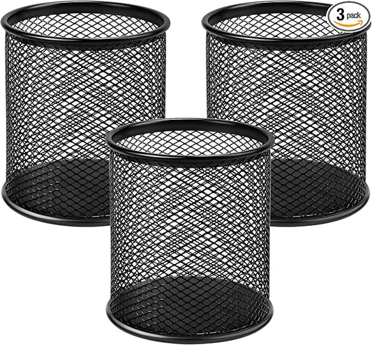 MaxGear Pen Holder for Desk 3 Pack, Mesh Metal, Non-Slip EVA Pad, 3.7’’ Tall | by MaxGear