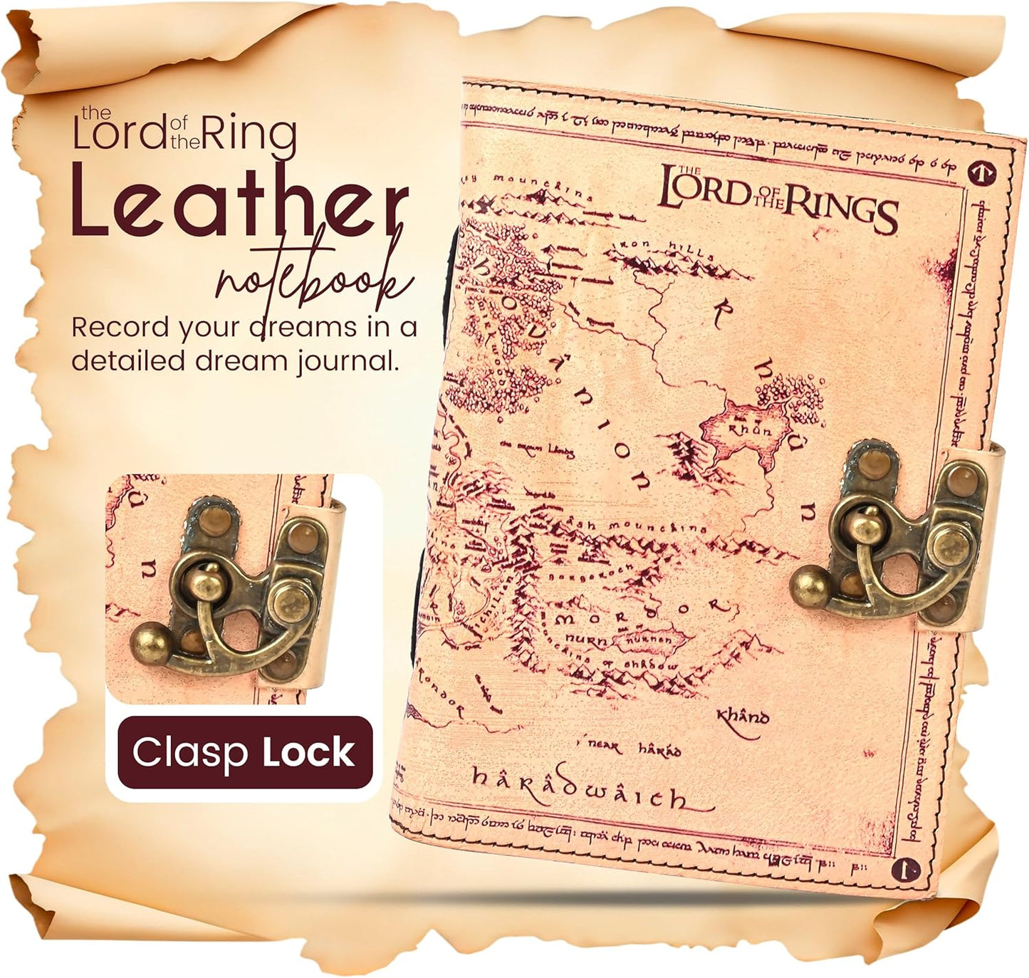 Spell Book of Shadow Lord of the Ring Leather Journal Diary with Clasp Lock – 200 Page Deckle Edge Leather Bound Notebook – Vintage Notebook for Writing, Drawing, Home, Office, Travelling