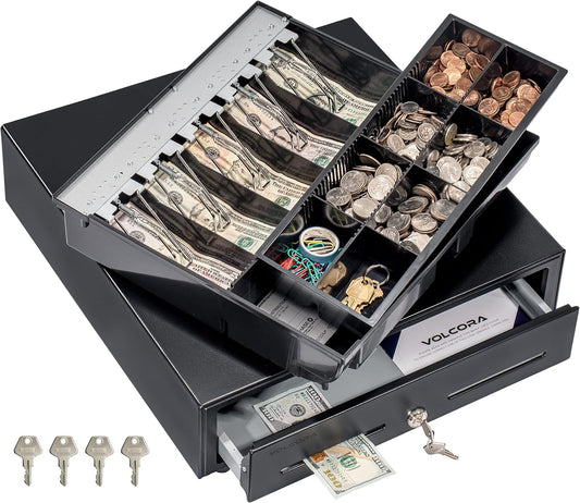 Volcora Cash Register Drawer for Point of Sale (POS) System with Fully Removable 2 Tier Cash Tray, 5 Bill/8 Coin, 24V, RJ11/RJ12 Key-Lock, Double Media Slot, Black
