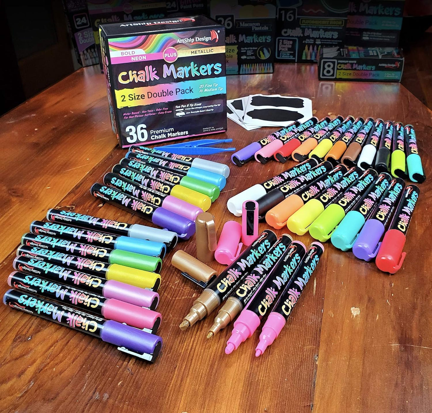 ArtShip Design 36 Chalk Markers Double Pack of Both Fine & Reversible Medium Tip Liquid Chalk Pens with Labels & Tip Tweezers Wet Erase Menu Boards, Windows, Mirrors, Non-Porous Chalkboards, Metal