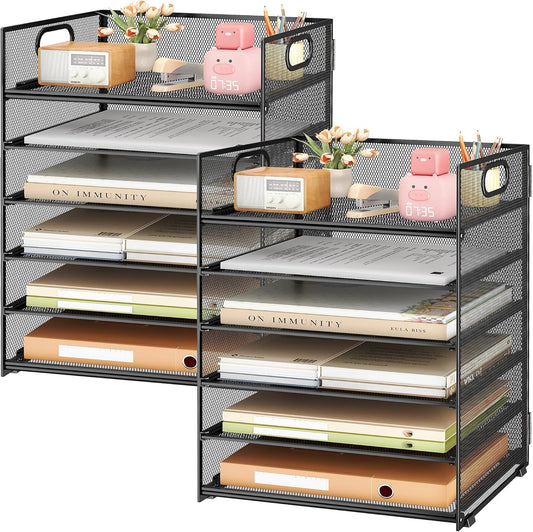 Subekyu 2-Pack 6-Tier Paper Tray Organizer for Desk - Black Mesh File Folder Sorter with Handles, Desk Letter Holder for Office, Home, School Supplies Storage & Organization