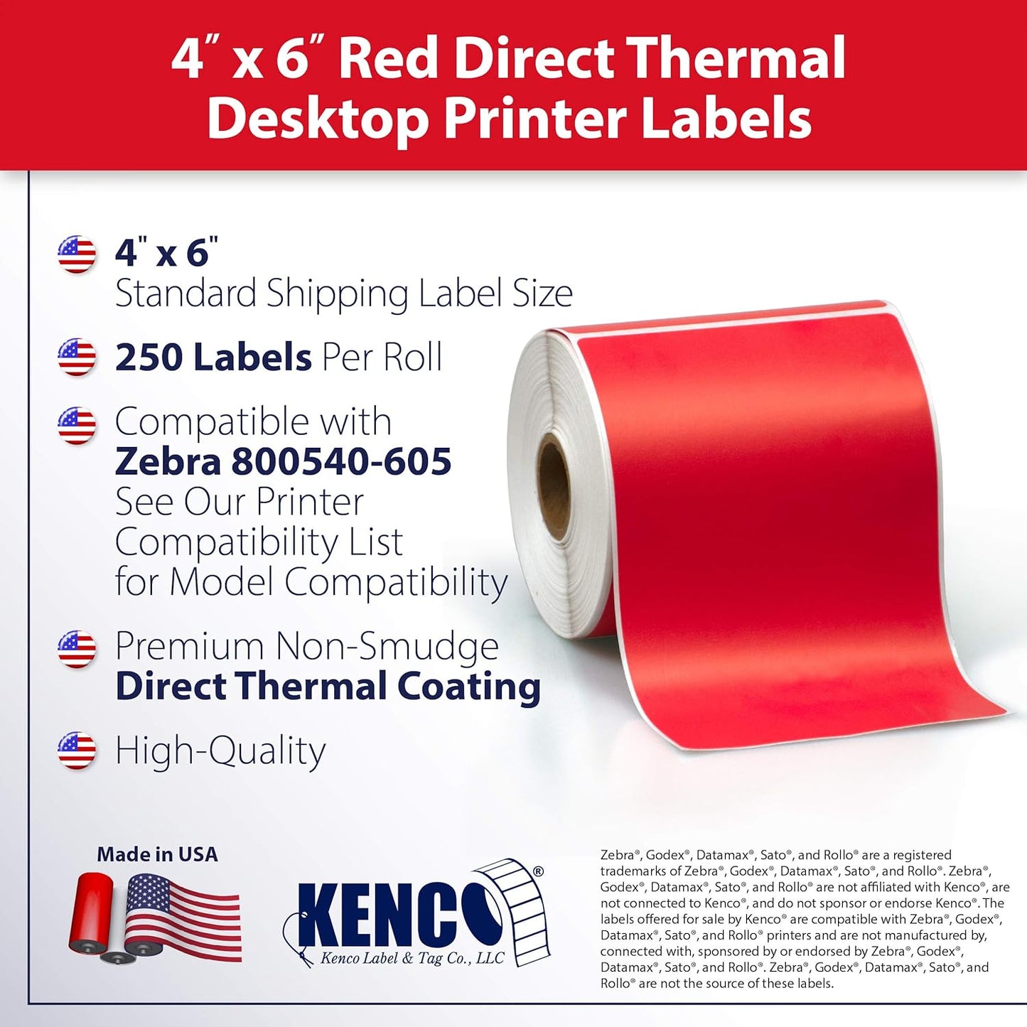4" X 6" Direct Thermal Perforated Stickers Labels for Shipping Labels, Inventory, and Color Coding - Compatible with Zebra, Rollo, Godex and More (Red, 48 Rolls)