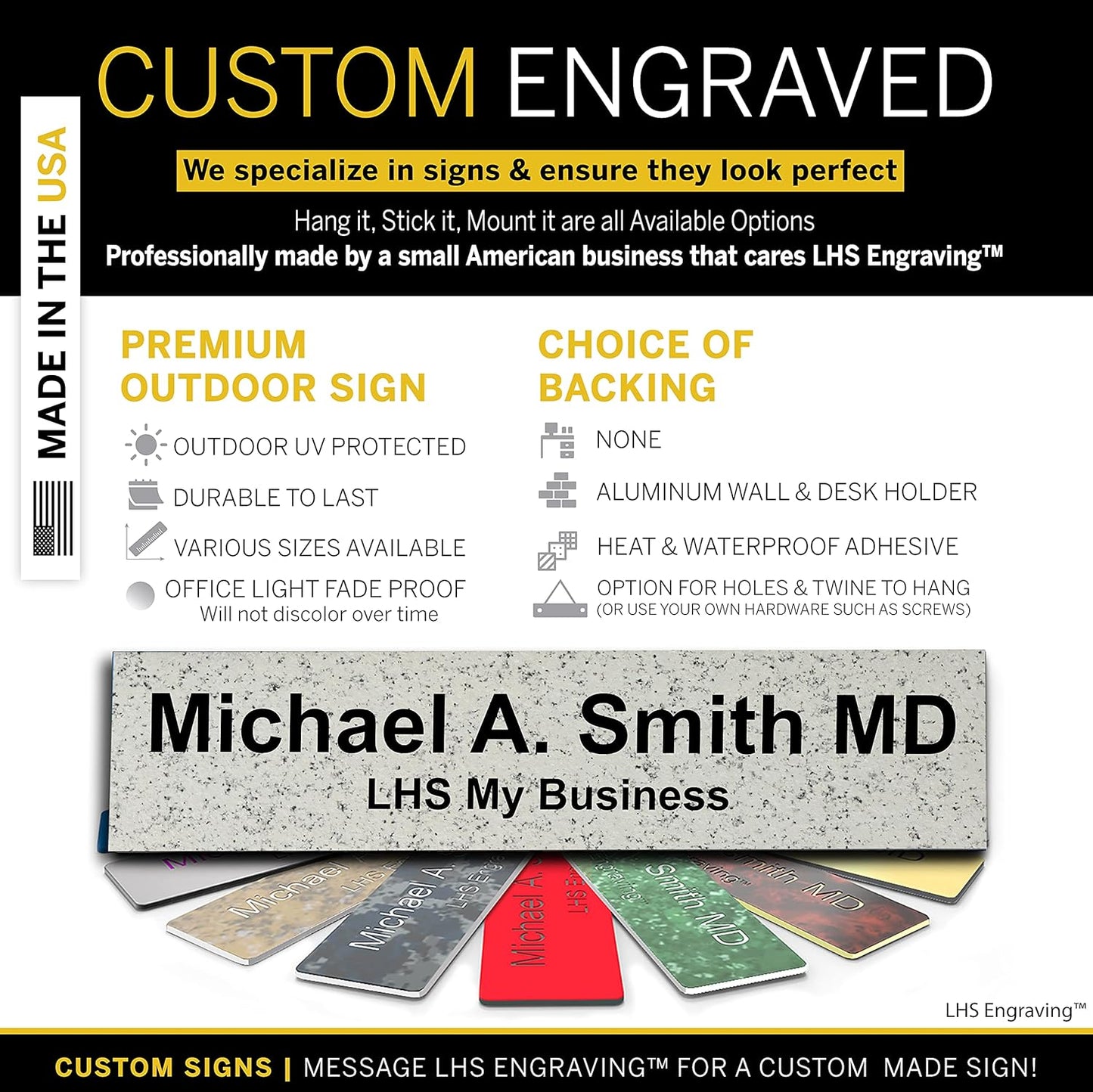 Door Name Plate Personalized for Office Stone Granite Plastic Name Plate Black Letters - Made in USA 2x12 S3