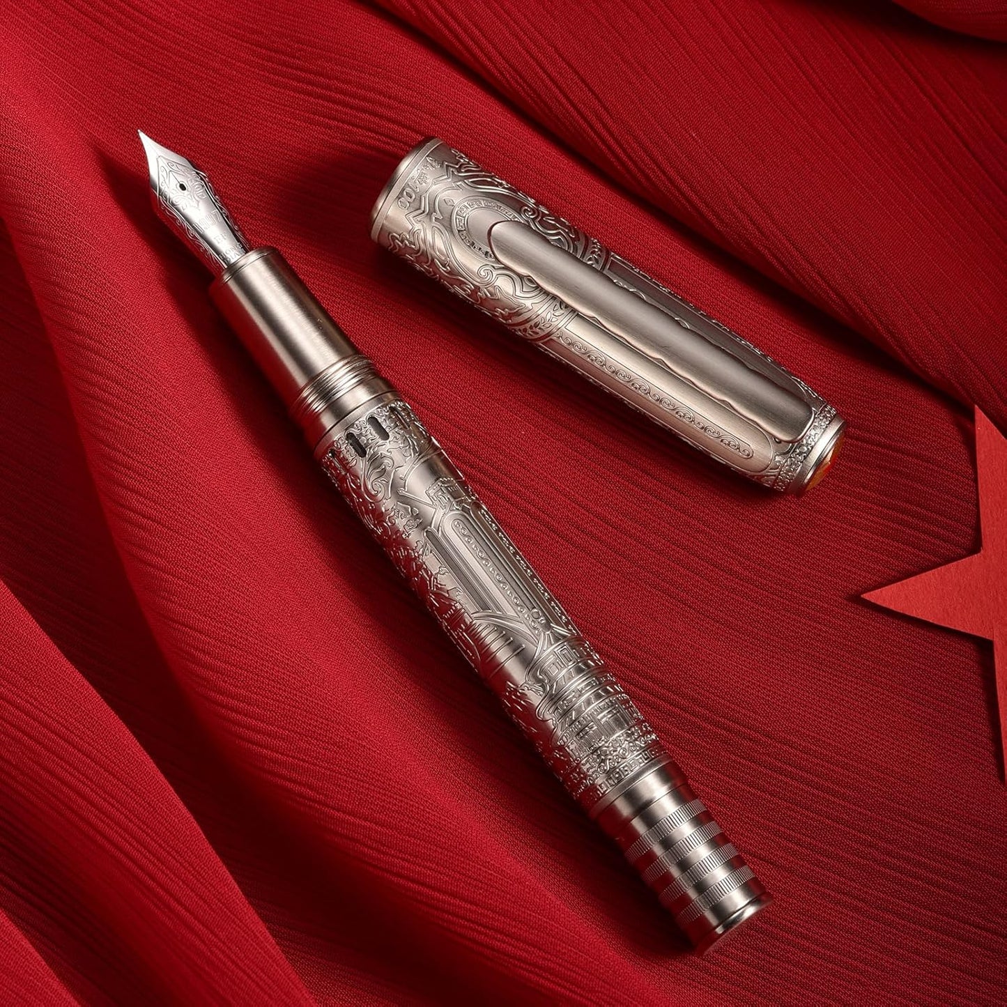 Hongdian 100 Silver Steel Piston Fountain Pen, Iridium Long Blade Fine Nib Calligraphy, Smooth Writing Pens, Nice Writing Pen for Men & Women