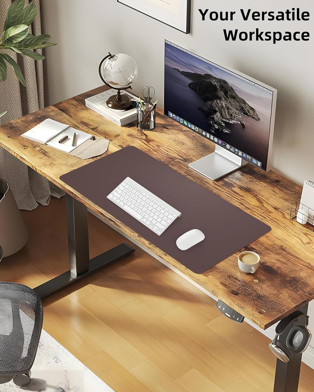 Large Desk Pad Mat - Waterproof Mouse Pad & Desk Protector, Non-Slip XL PU Leather Gaming Mat for Keyboard/Mouse, Stitched Edge with Ergonomic Support, 47"x17" (Coffee)