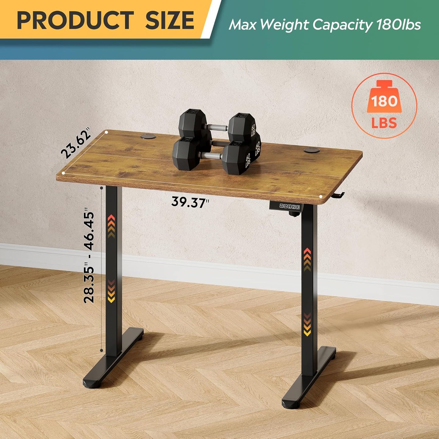DEVAISE 40 Inch Electric Standing Desk, 3 Adjustable Height Stand up Desk for Home Office, Ergonomic Sit to Stand Desk with LED Touchscreen, 3 Memory Preset Computer Desk (Rustic Brown)