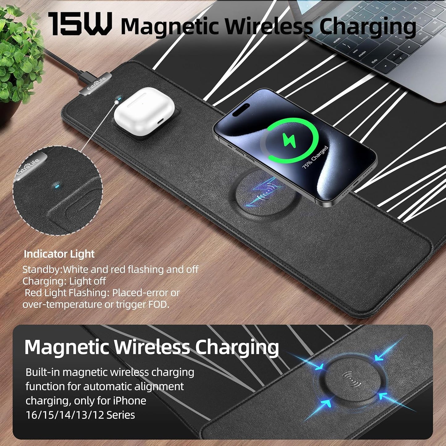 Mouse Pad with Wireless Charging, Gaming Mouse Pad with Ultra-Smooth Surface, Large XXL Desk Mat, Non-Slip Mouse Mat, Waterproof Computer Keyboard Pad for Desk, Office, 800x400x4MM, Black and Line