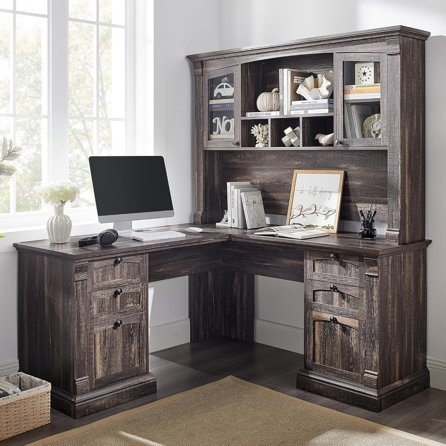 OKD 60" L Shaped Executive Desk with Hutch and Drawers, Farmhouse Home Office Desk with Charging Station, File Cabinet Storage, Wood Corner Computer Desk for Work and Study, Dark Rustic Oak