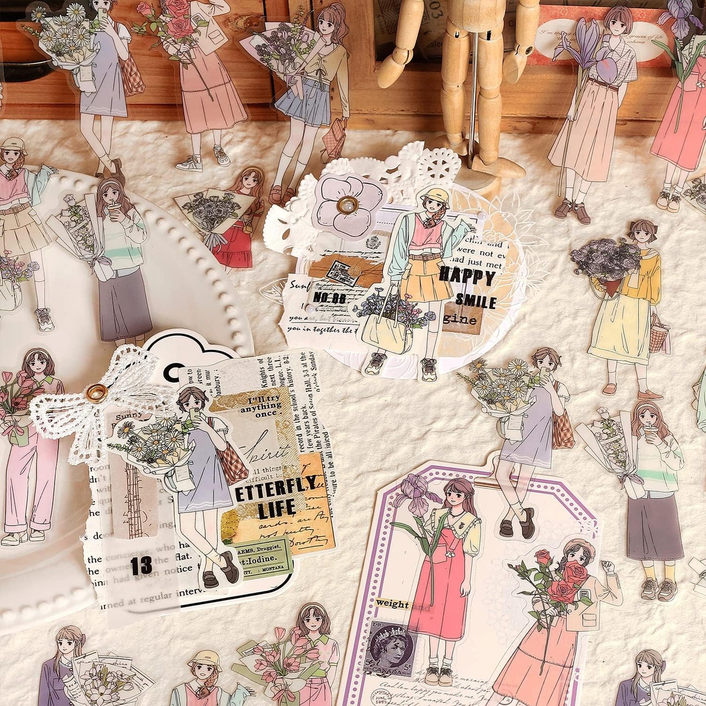 Alideco 120pcs Scrapbook Stickers Kawaii Sweet Girls Flowers People Journaling Scrapbooking Junk Journal Crafts Embelishment Decoration Diary Stickers（xindongnvhai）