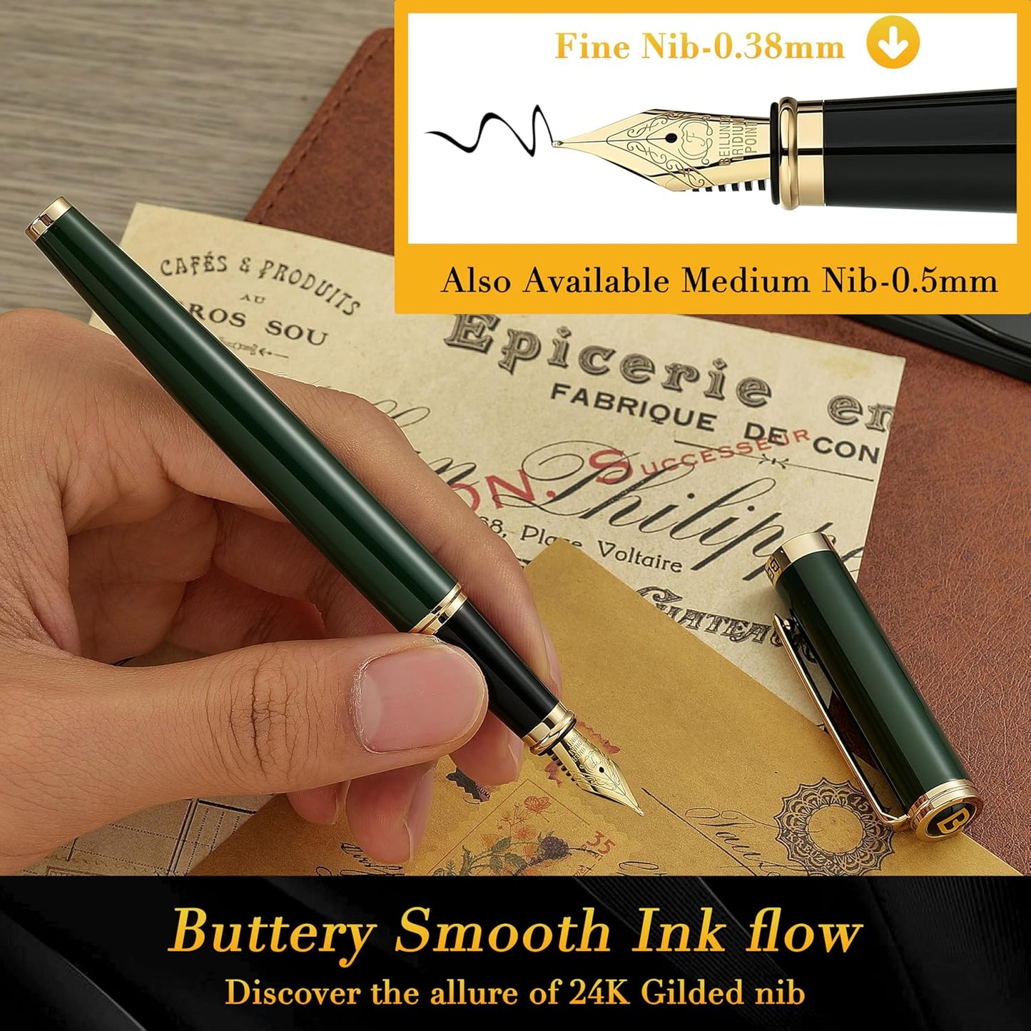 BEILUNER British Racing Green Fountain Pen,Stunning Luxury Pens with 24K Gold Accents, Gorgeous 24K Gilded Nib(Fine), Ink Converter,Fancy Pen Gift for Men&Women-Smooth, Office, Nice for Writing