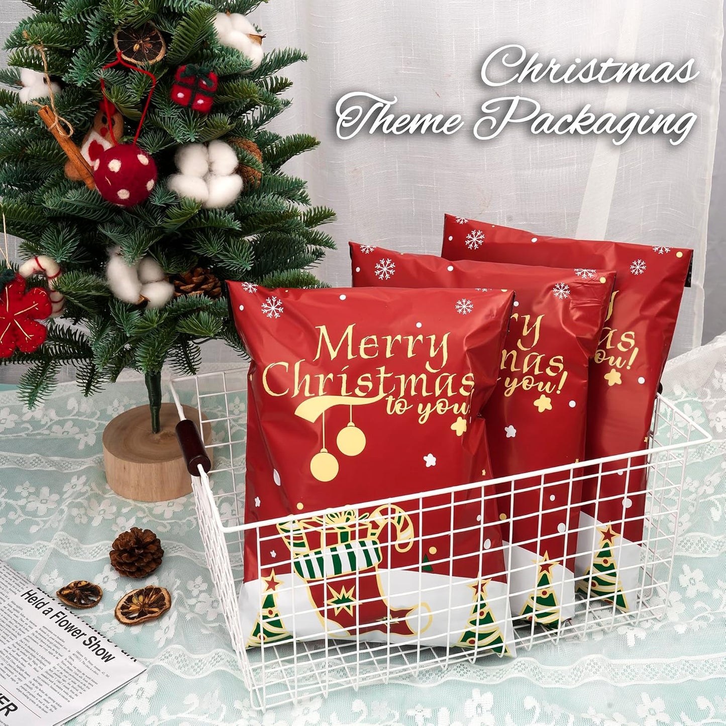 Christmas Poly Mailer 10x13 Inch 100 Pcs, Waterproof Shipping Bags for Clothing, Tear-Resistant Mailier Bags, Strong Mailing Bags with Self-Seal - Red Merry Christmas