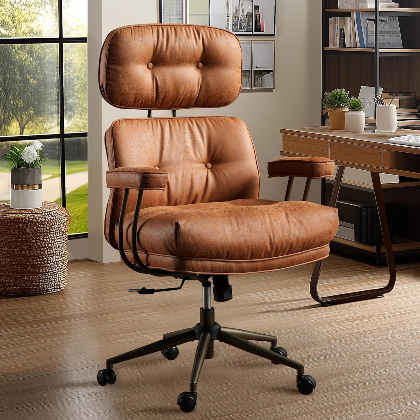 Mid Century Modren Big and Tall Office Chair,Large Ergonomic Executive Chair for Heavy Duty People, Computer Desk Task Chair with Wheels, Faux Lether Fabric Wide Chair for Home Sturdy,Brown(Suede)