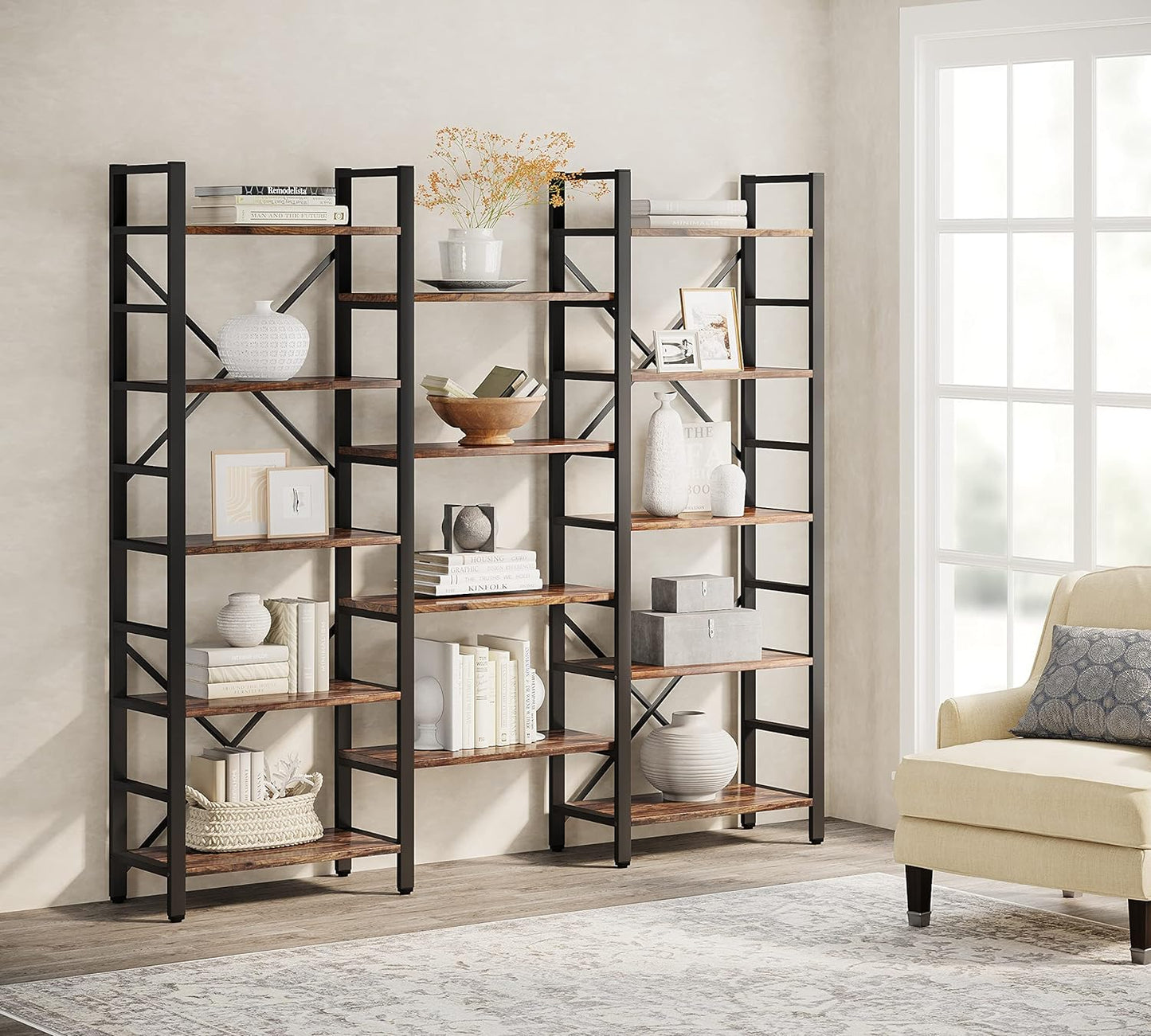 Tribesigns Triple Wide 5-Shelf Bookcase, Etagere Large Open Bookshelf Vintage Industrial Style Shelves Wood and Metal bookcases Furniture for Home & Office, 70 inch