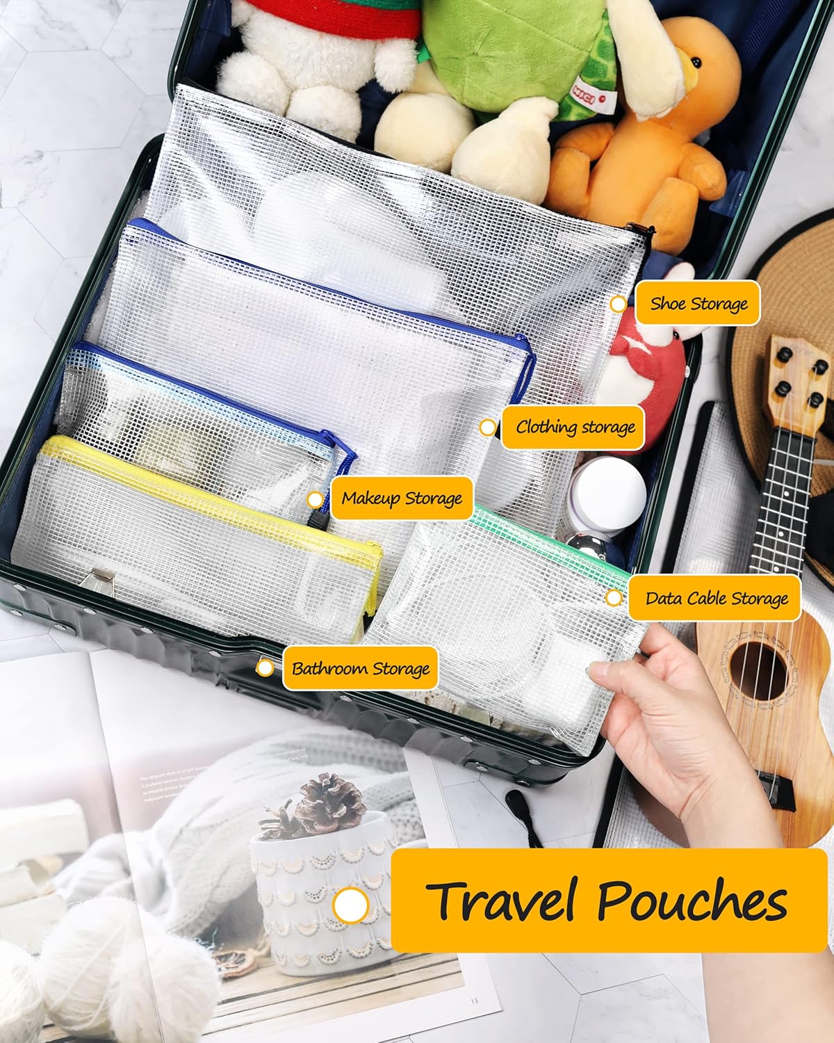 SUNEE Plastic Mesh Zipper Pouch 9x13 in (6 Colors, 18 Packs),Extra Large Water-Resistant Zip Bag for School Office Supplies, Puzzles & Games Organizing Storage