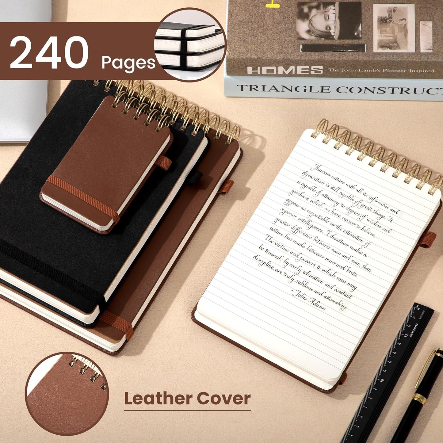 Yoment Top Spiral Notebook Leather Large Steno Pads 240 Pages Spiral Notepad for Work 7x10 Top Bound Steno Notebook, 100 GSM Thick Paper, Left Handed Notebooks for Office College School, Black