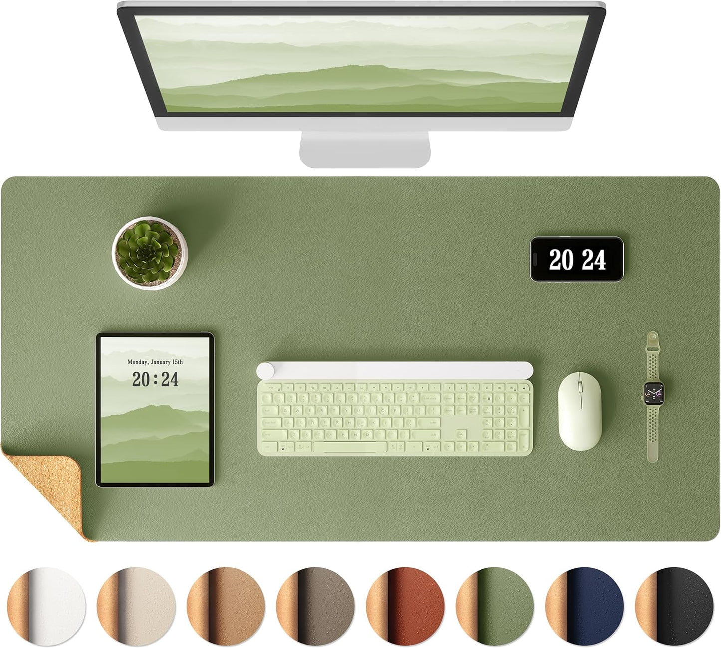 Aothia Dual-Sided Desk Mat - Natural Cork & Leather Desk Protector, Large Mouse Pad & Writing Pad for Office/Home, Olive Green (25.6"x13.7")